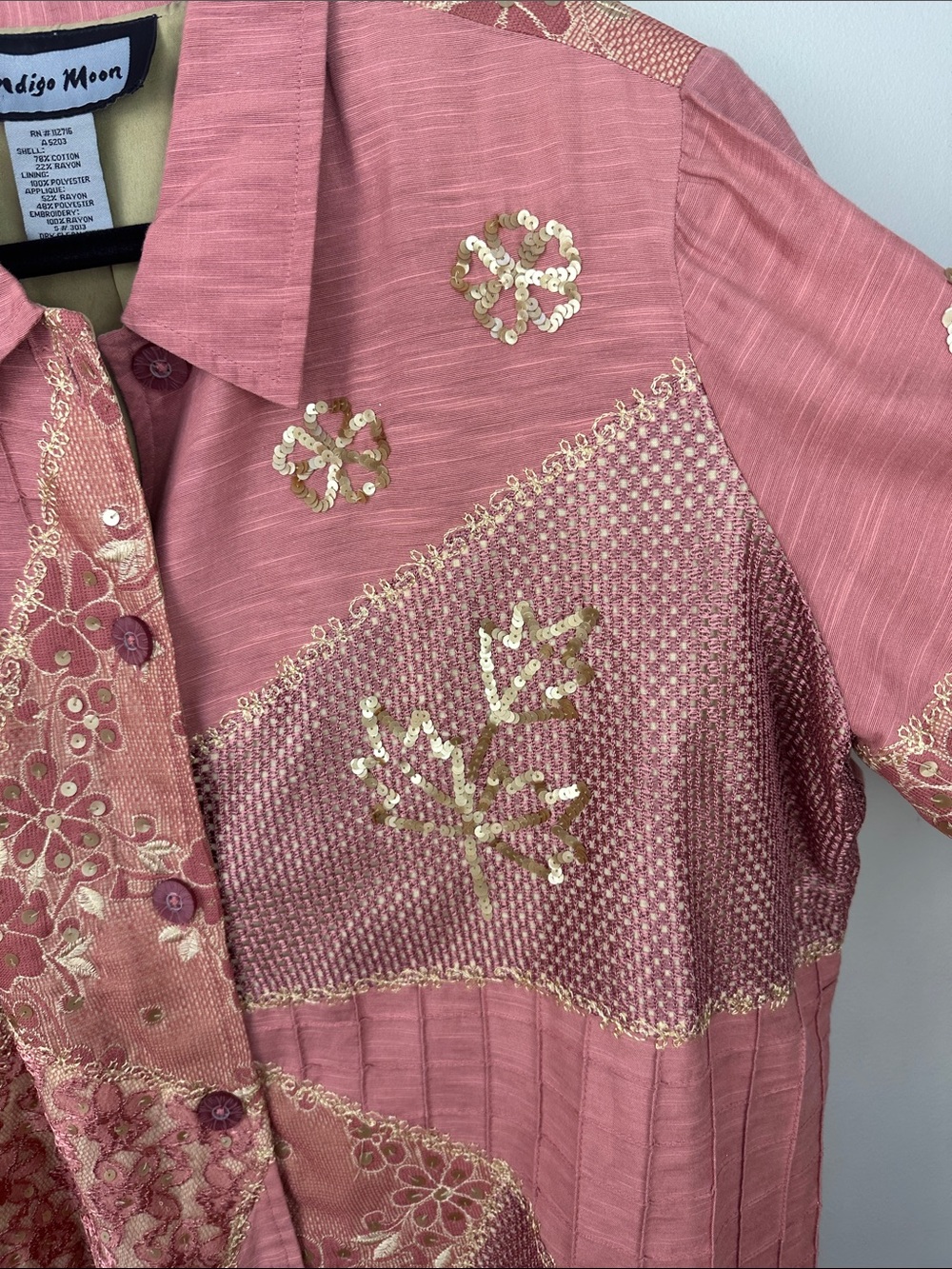 Vintage Indigo Moon Pink Gold Sequin Patchwork Art To Wear Jacket - Picture 4 of 11